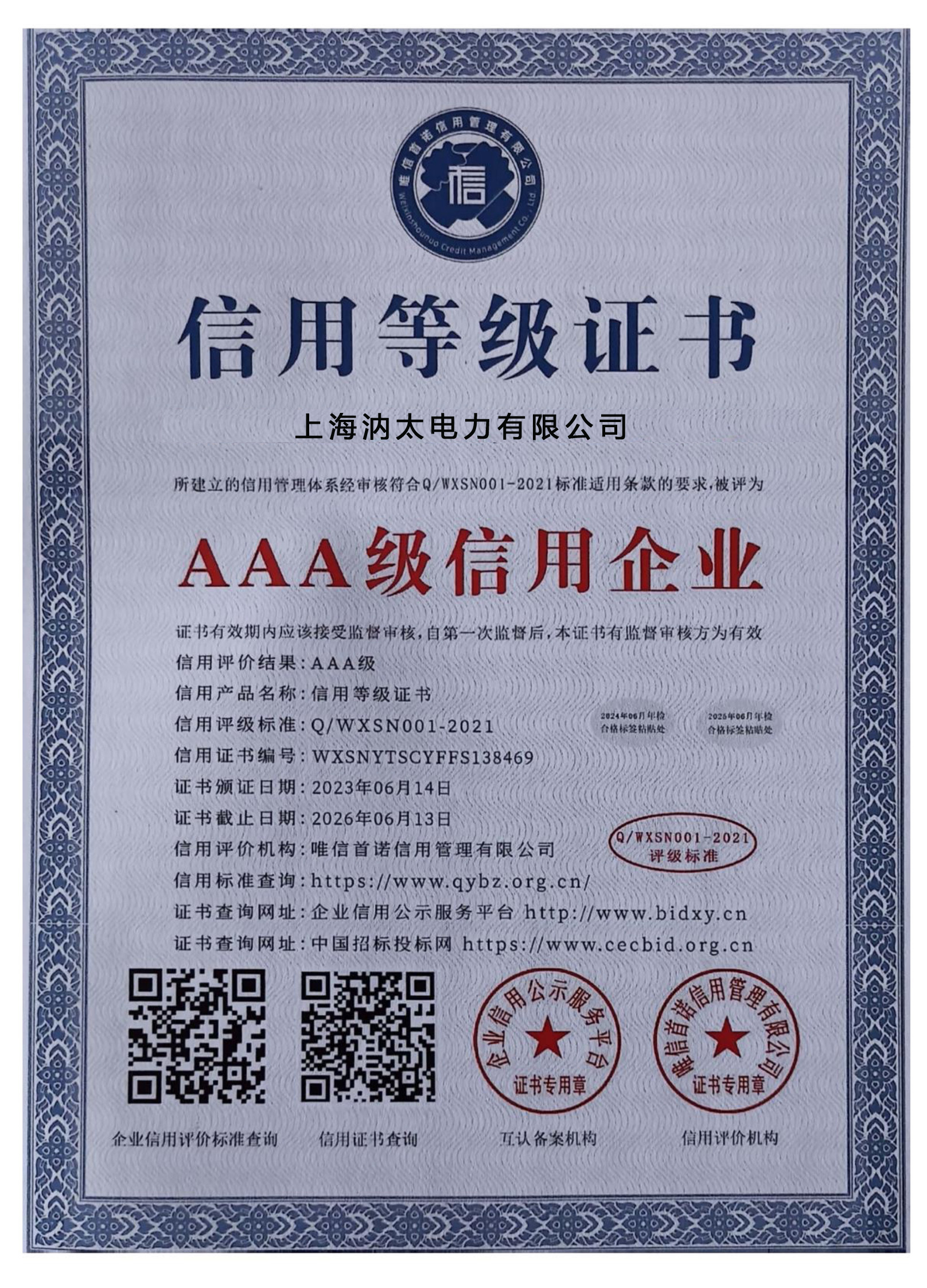 AAA Credit Rating Certificate